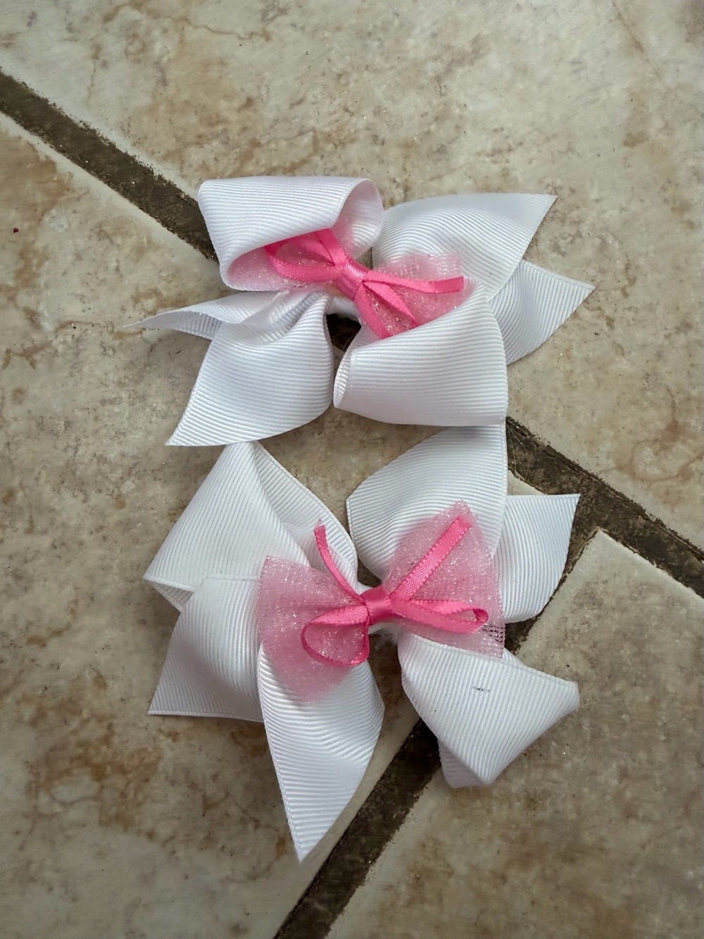 White and Pink Bow Hair Clips for Kids - Cute Sparkle Accent